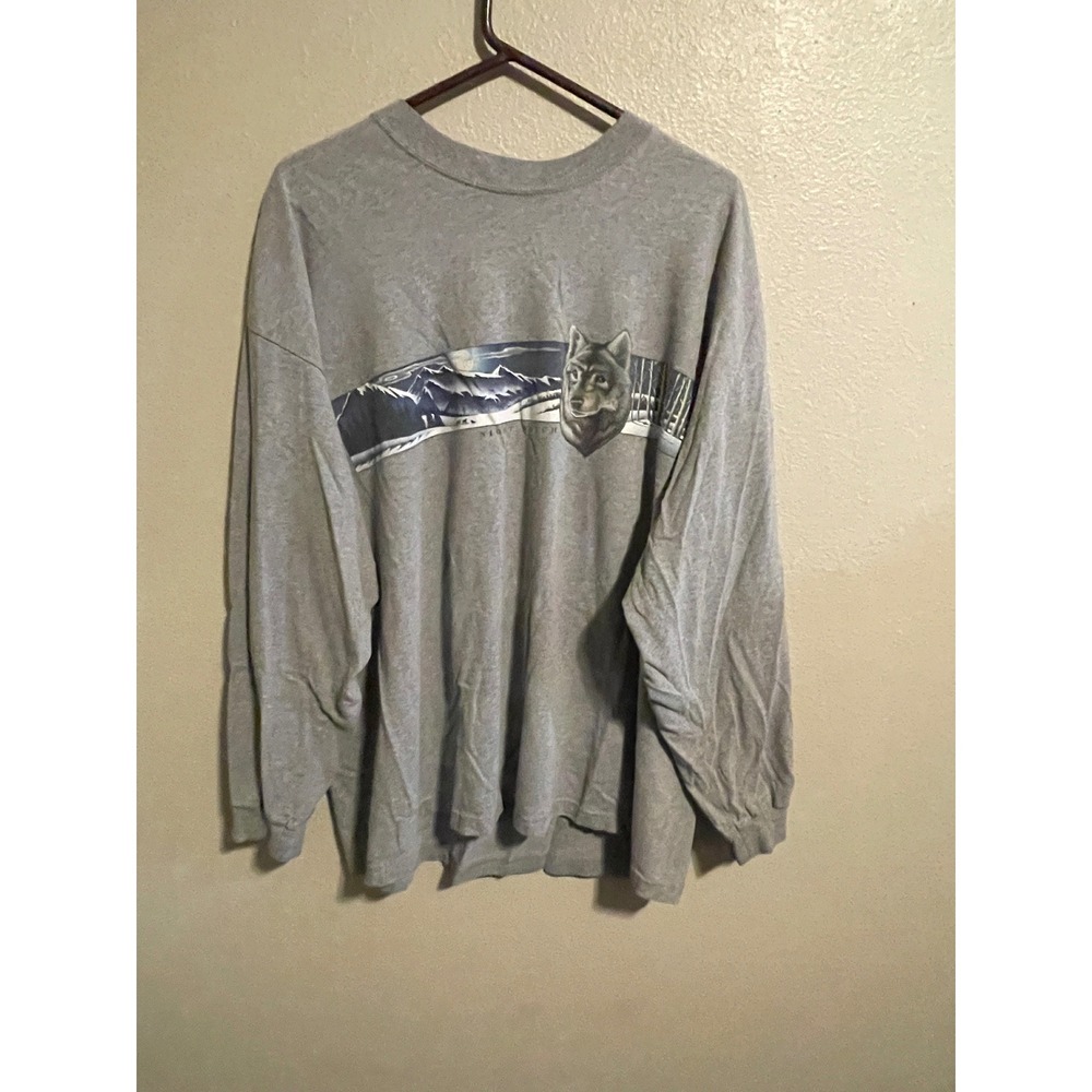 Vintage Ozark Trail Mens XL Gray Long Sleeve Wolf Mountain Graphic USA T Shirt
